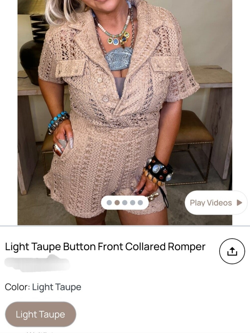 Light Taupe Collared Button-Front Crochet Romper